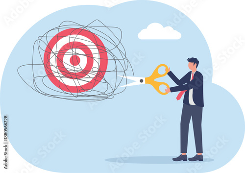 Businessman Cutting Marketing Target Tangle with Scissors