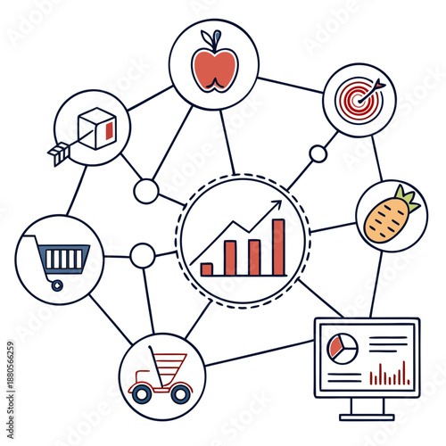Futuristic smart food supply chain forecasting using AI technology and advanced analytics for predicting demand and optimizing distribution, conceptual illustration.