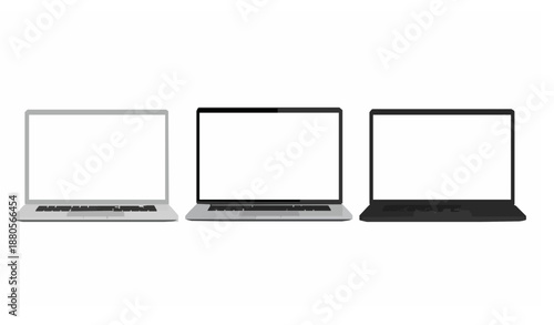 Three realistic laptop mockup vector illustration with blank white screens isolated on white