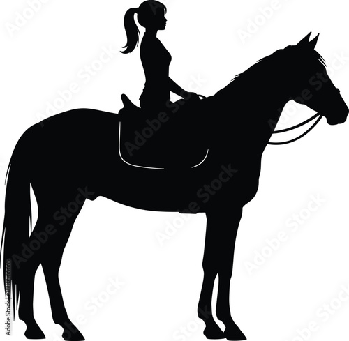 Silhouette of person riding horse with reins, equestrian posture illustration, horseback activity theme, transparent background graphic