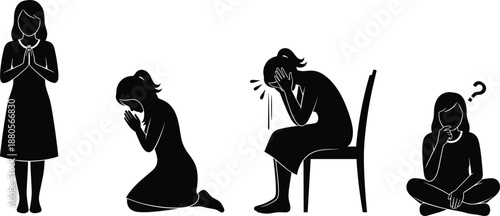 Silhouettes of emotional and contemplative poses, prayer, sadness, confusion illustration, mental health and reflection theme, transparent background graphic