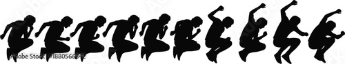 Silhouettes of person in jump sequence, dynamic motion and biomechanics illustration, sports and animation theme, transparent background graphic