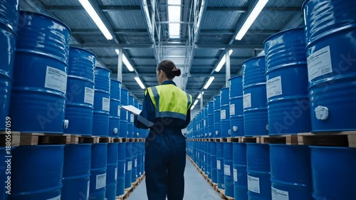 Woman worker scans blue barrel in warehouse for inventory. Worker checks barrel with scanner in storage facility. Woman scans chemical drum in warehouse. Worker inspects blue barrel storage.