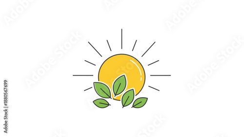 Vibrant yellow sun with green leaves and rays on white background symbolizing eco friendly energy and nature