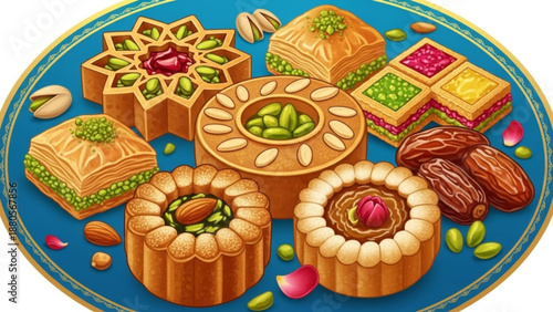 Assorted indian sweets and dates on a blue plate with gold trim surrounded by nuts and dried fruits traditional dessert arrangement