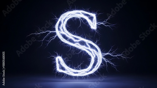 High Voltage Letter S Font: Dynamic Electrical Discharge and Powerful Lightning Effect on Black Background. 3D Rendered Alphabet Letter S for Technology, Energy, and Power Concepts.