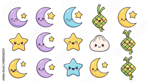 Cute Kawaii Moon, Star, and Ketupat Icons for Ramadan and Eid Celebration