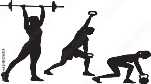 Gym exercise silhouettes set with barbell, kettlebell, stretching poses, minimal black vector