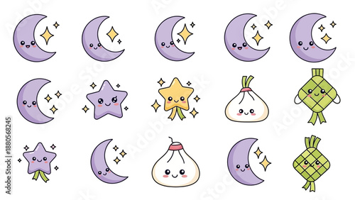 Cute Kawaii Moon, Star, and Ketupat Icons for Ramadan and Eid Celebration