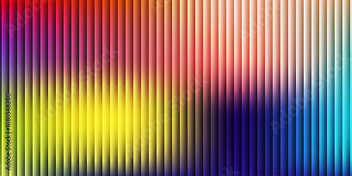 Ribbed glass effect background. Reeded transparent plastic wall. Blue iridescent gradient pattern. Abstract corrugated glass texture, neon light. Pearlescent holographic backdrop. Deep purple glow bg