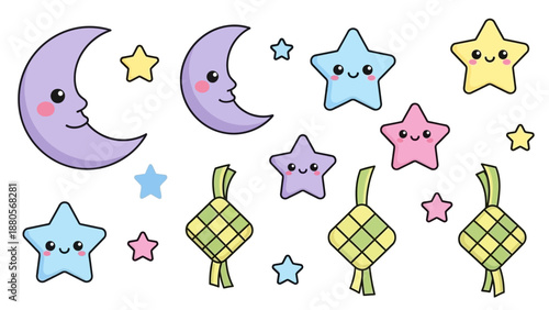 Cute Kawaii Moon, Stars, and Ketupat Icons: Ramadan and Eid Celebration