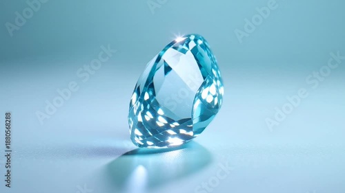 A sparkling aquamarine gemstone on a light blue background.