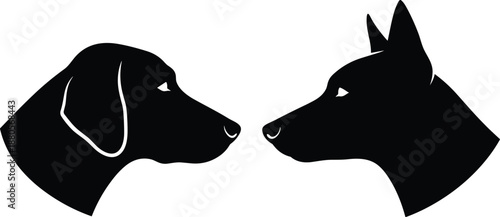Dog head silhouettes facing each other, floppy and pointed ear contrast illustration, breed comparison theme, transparent background graphic