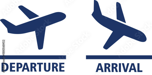 Arrival and departure airplane icons set featuring aircraft landing and takeoff symbols.