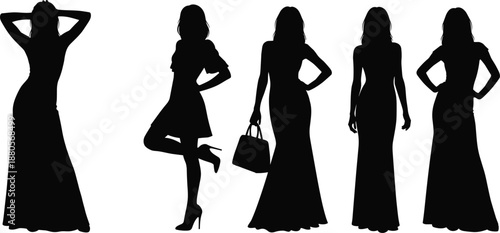 Female fashion silhouettes in stylish poses with dresses and handbags, modeling and design illustration, transparent background graphic