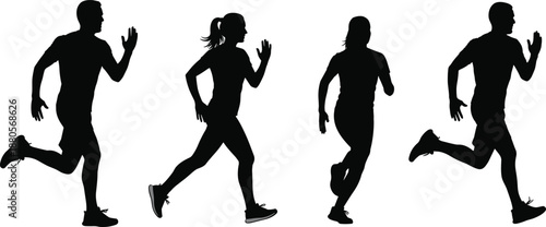 Running silhouettes of male and female figures in varied poses, athletic motion illustration, fitness and biomechanics theme, transparent background graphic