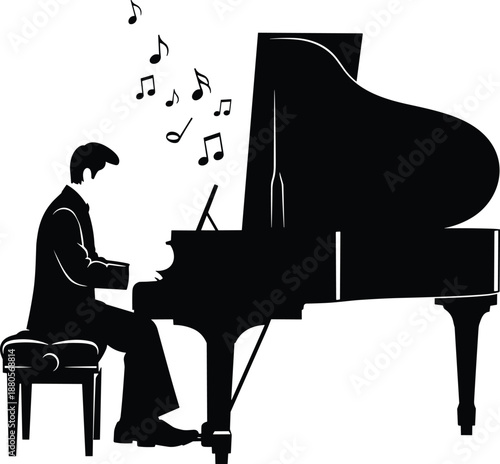 Silhouette of person playing grand piano with musical notes, artistic performance illustration, music and creativity theme, transparent background graphic
