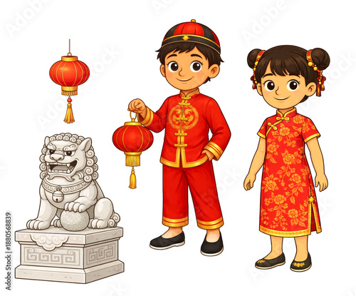Chinese New Year children traditional costumes lantern lion statue cartoon illustration set
