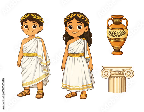 Ancient Greek culture children traditional clothing pottery column cartoon illustration set