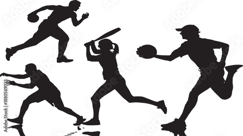Sports athlete silhouettes set including football, cricket, basketball, running poses, black