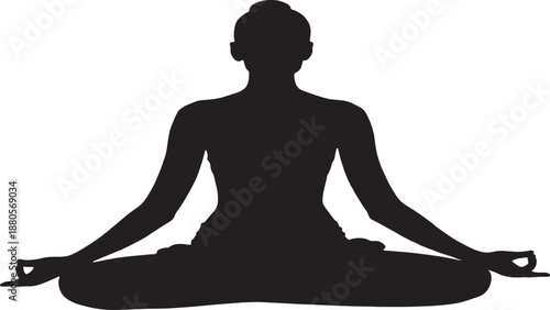 Minimal black silhouette of a woman in lotus yoga pose, calm meditation posture, isolated on white background, clean vector