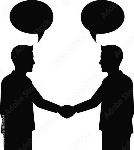 Silhouettes of two people shaking hands with speech bubbles, communication and agreement illustration, teamwork and dialogue theme, transparent background graphic