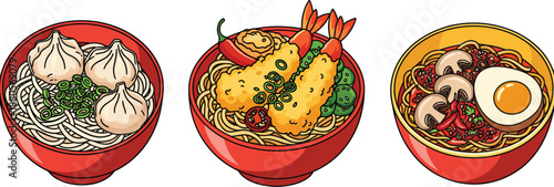 Asian noodle bowl vector set featuring dumplings, shrimp tempura, mushrooms, egg and spicy ramen illustrations