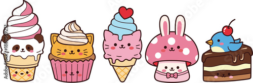 Cute kawaii dessert animal vector set with ice cream, cupcake, mushroom bunny and cake characters