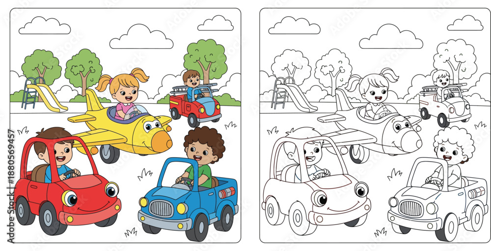 Obraz premium Cartoon children driving toy cars and airplane in the playground, colorful and black and white outline for coloring book page