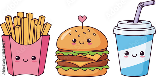 Cute kawaii fast food vector icons with smiling fries, hamburger and soft drink characters in pastel style