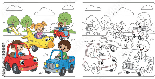 Cartoon children driving toy cars and airplane in the playground, colorful and black and white outline for coloring book page