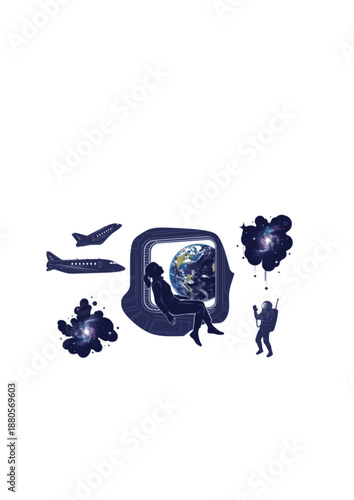 Space Tourism Silhouette, Person Floating in Zero Gravity Viewing Earth, Future Galactic Travel and Luxury Aerospace Vector Illustration