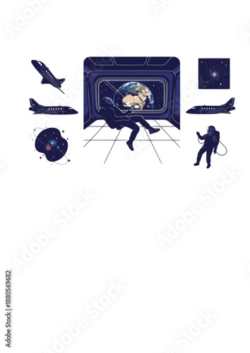 Space Tourism Silhouette, Person Floating in Zero Gravity Viewing Earth, Future Galactic Travel and Luxury Aerospace Vector Illustration