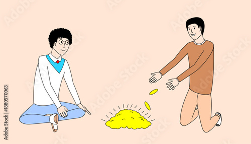 Two men are sitting on the ground, one of them getting a handful of gold coins