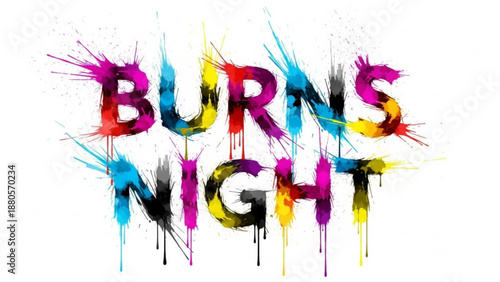 Vibrant 'burns night' text with colorful paint splatters on white background