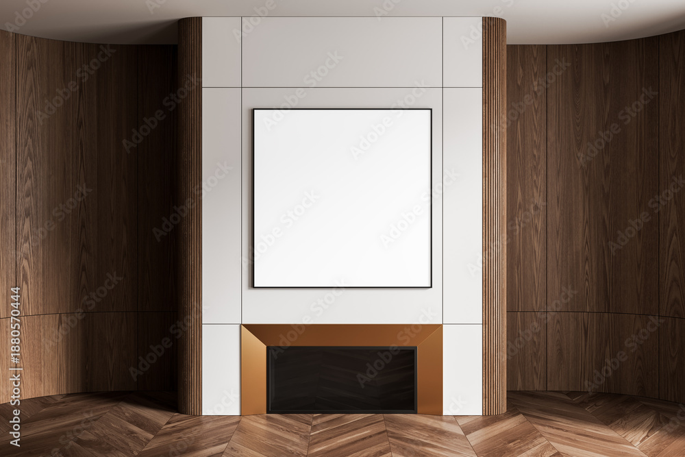 Fototapeta premium Modern interior with wooden walls and fireplace featuring blank square poster mockup on clean white panel background for advertising or design display. 3D Rendering