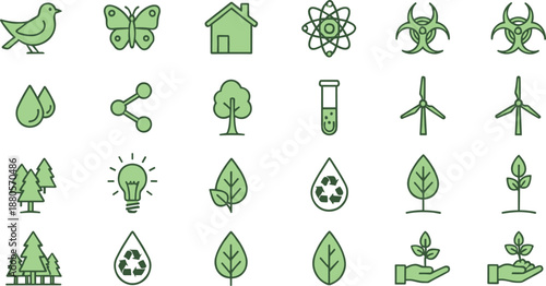 Comprehensive Green Vector Icon Set Featuring Bio-Science Symbols Wind Turbines Nature Elements and Sustainable Laboratory Graphics.
