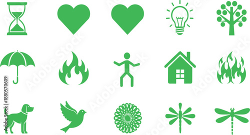 Vibrant Green Vector Icon Set Featuring Heart Symbols Nature Elements Animals and Energy Icons for Lifestyle Design.