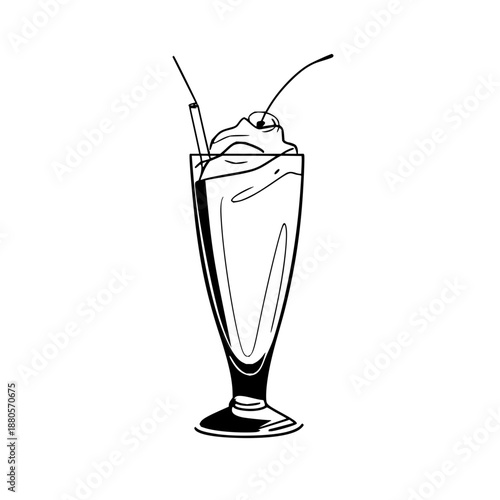 Illustration of a milkshake with a cherry on top and a straw in a tall glass in black and white art style