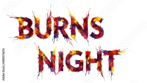 Burns night celebration text with flame design on white background
