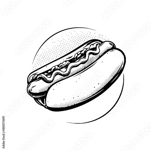 A detailed monochrome illustration of a hotdog with mustard inside a dotted circle outline design
