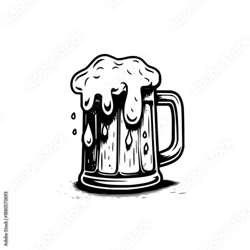 Illustration of a frothy beer mug with dripping foam in black and white line art style design element
