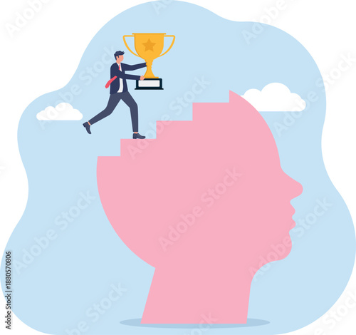 Businessman Climbing Head Stairs for Career Trophy