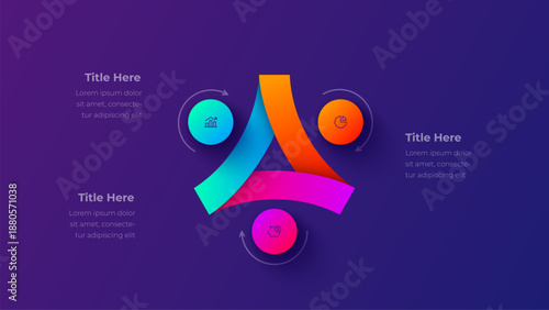 Three step cycle infographic diagram with curved elements on dark background