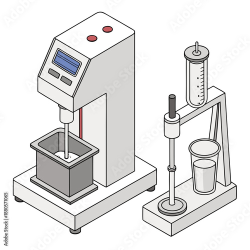 Laboratory equipment used for food rheology testing, measuring texture and viscosity on a white background.