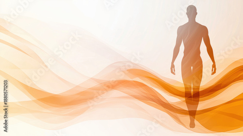 Autophagy concept with human silhouette and flowing orange abstract waves representing cellular renewal and health in modern style