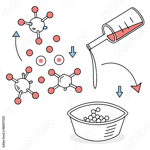 Food starch gelatinization technology visualization, illustrating the process of heating and transforming starch molecules in a scientific context on white.