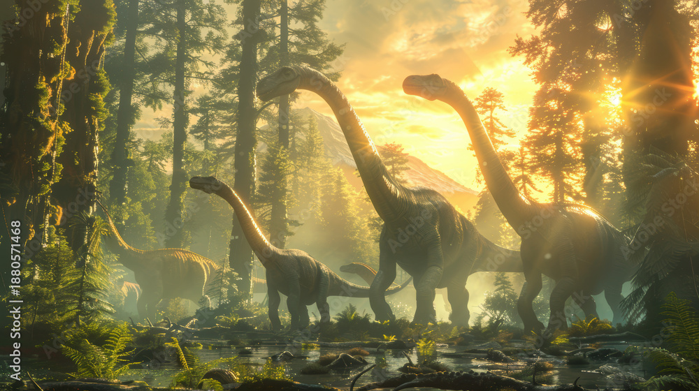 Obraz premium Sauropod Dinosaurs Walking Through Prehistoric Forest