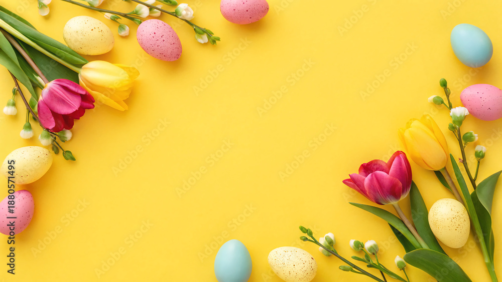 Obraz premium Colorful eggs and flowers arranged on a bright yellow background for a festive spring celebration