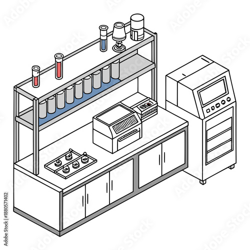 Laboratory equipment testing food vitamin stability, scientific research and development in a clean white environment.